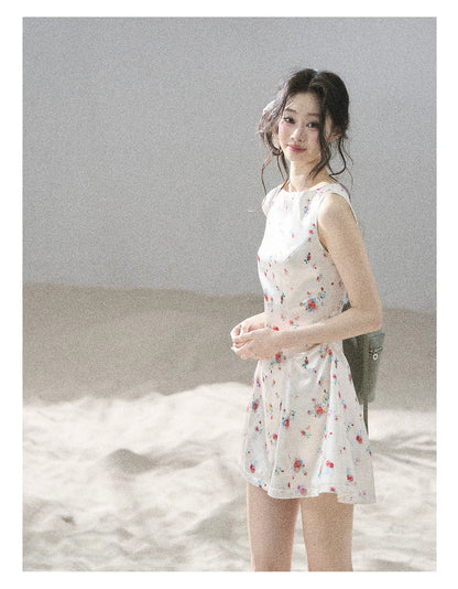 "Where Every Bloom Begins" Dutch Cream Floral Satin Puff Mini Dress (With Matching Scrunchie)
