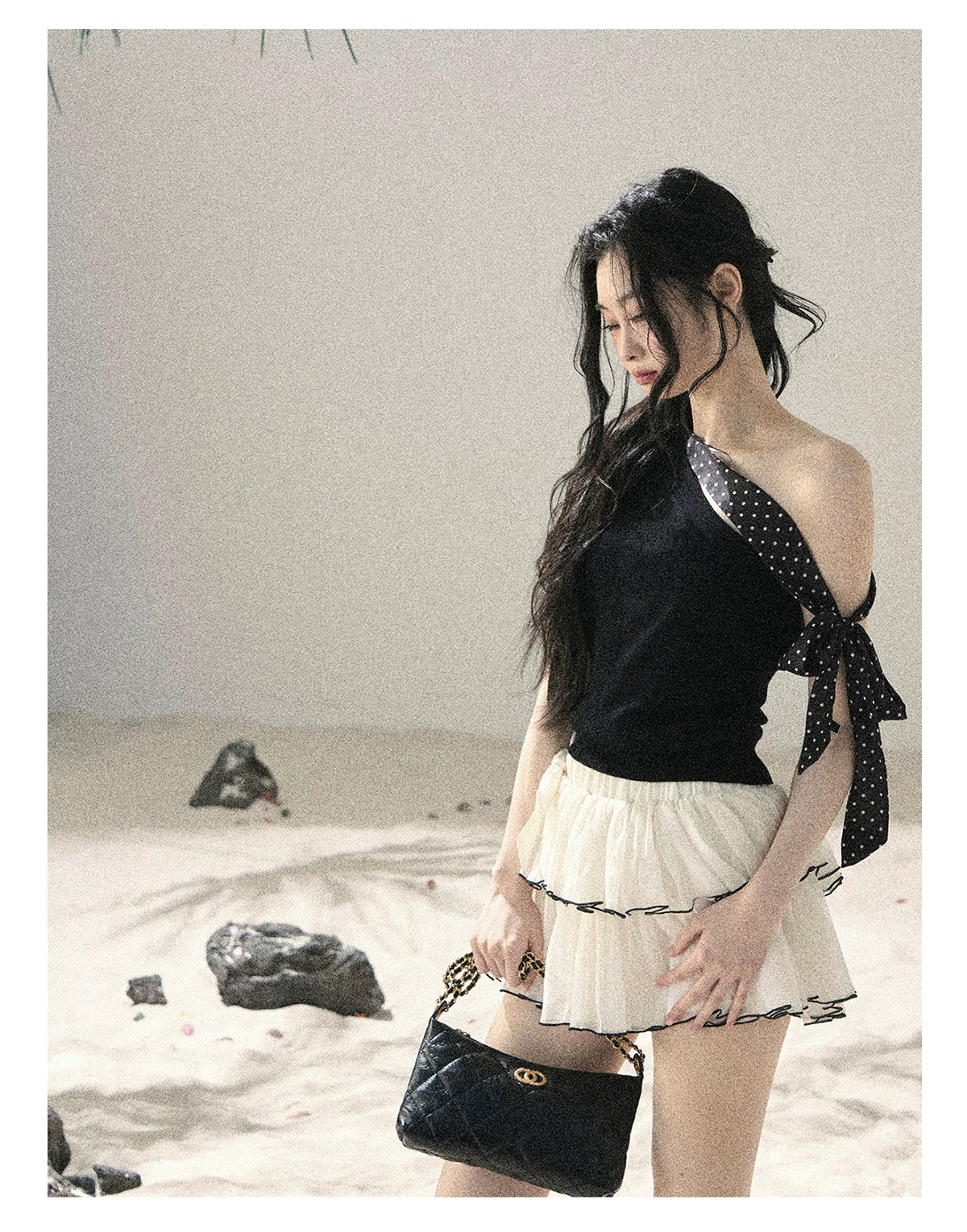 "Morning Dew & Evening Breeze" Midnight Black One-Shoulder Polka Dot Crop Top