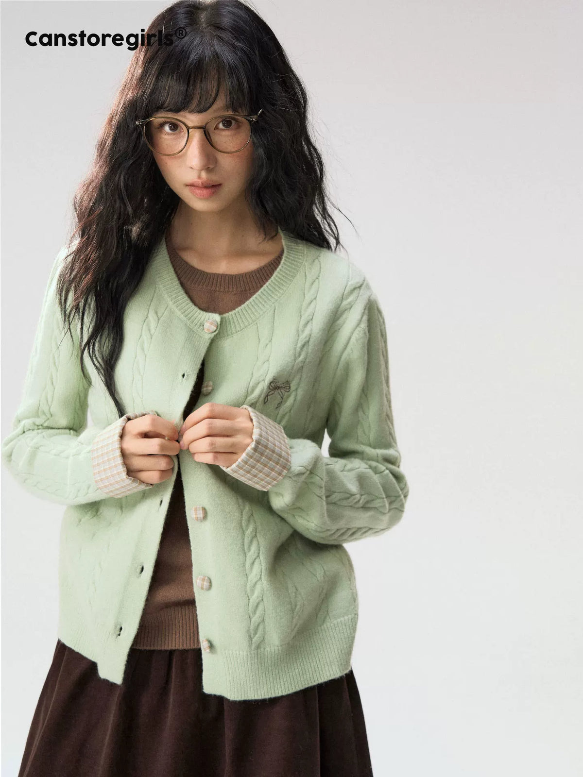 [CAN] "Autumn Letter" Bow Embroidered Faux-Layered Cable Knit Cardigan (Pink & White / Sage Green & Brown)