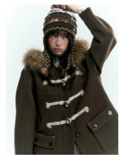 Horridale - Dark Coffee Brown Cropped Hooded Toggle Coat with Detachable Faux Fur Collar