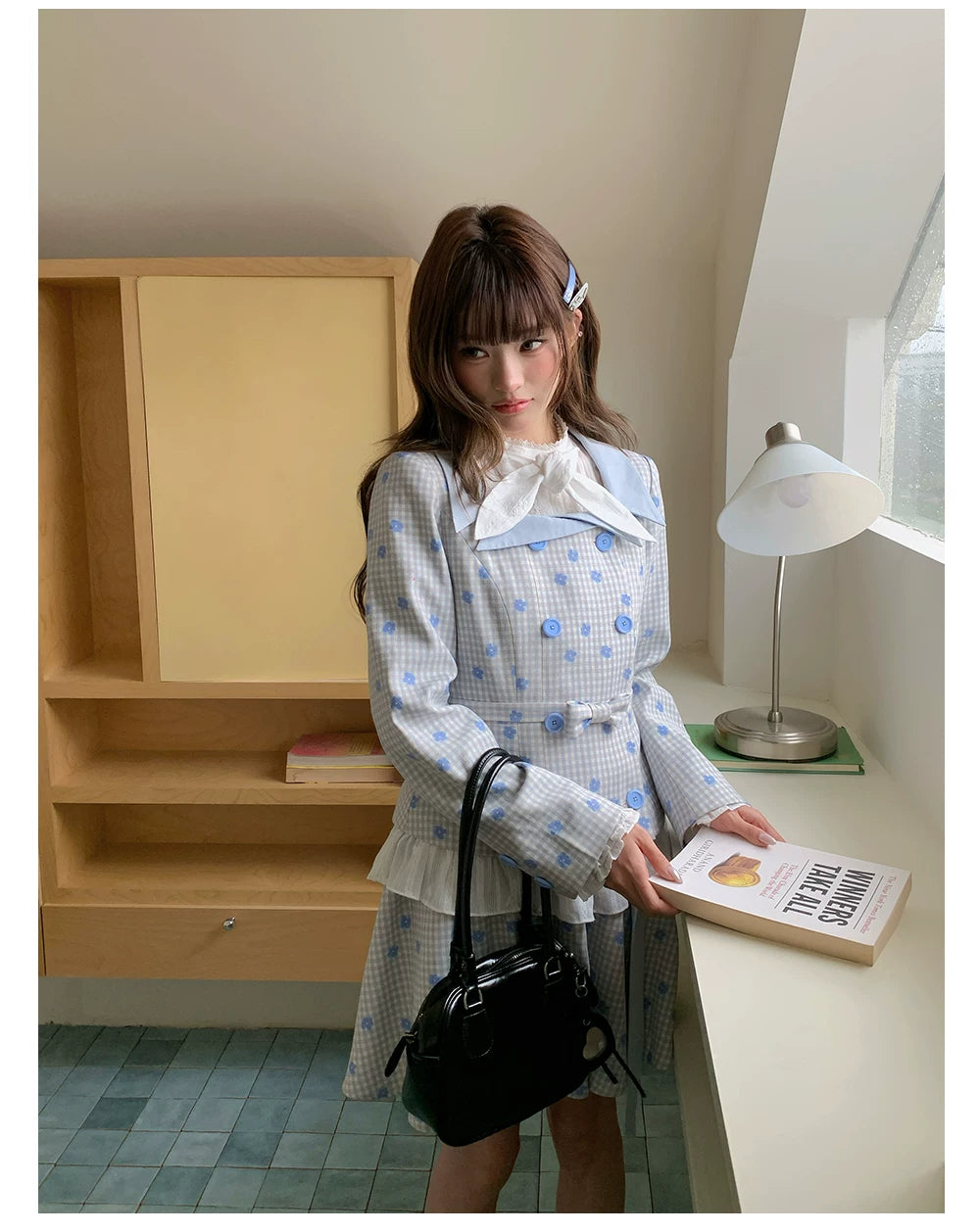 “Bluebell Letter” Light Blue Plaid Blazer Top & Ribbon Skirt