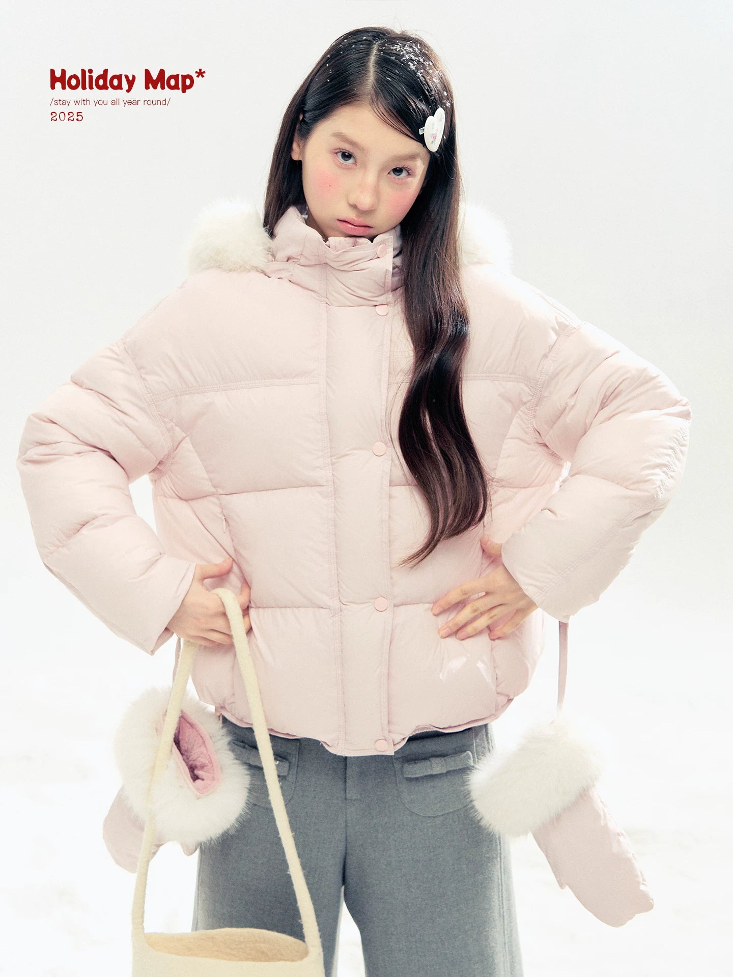 "Snowland Sprite" Peach Blush Lilac Hooded Down Jacket with Detachable Faux Fur Trim & Gloves