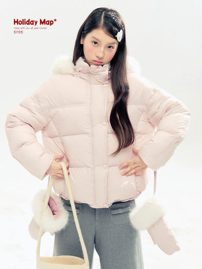 "Snowland Sprite" Peach Blush Lilac Hooded Down Jacket with Detachable Faux Fur Trim & Gloves