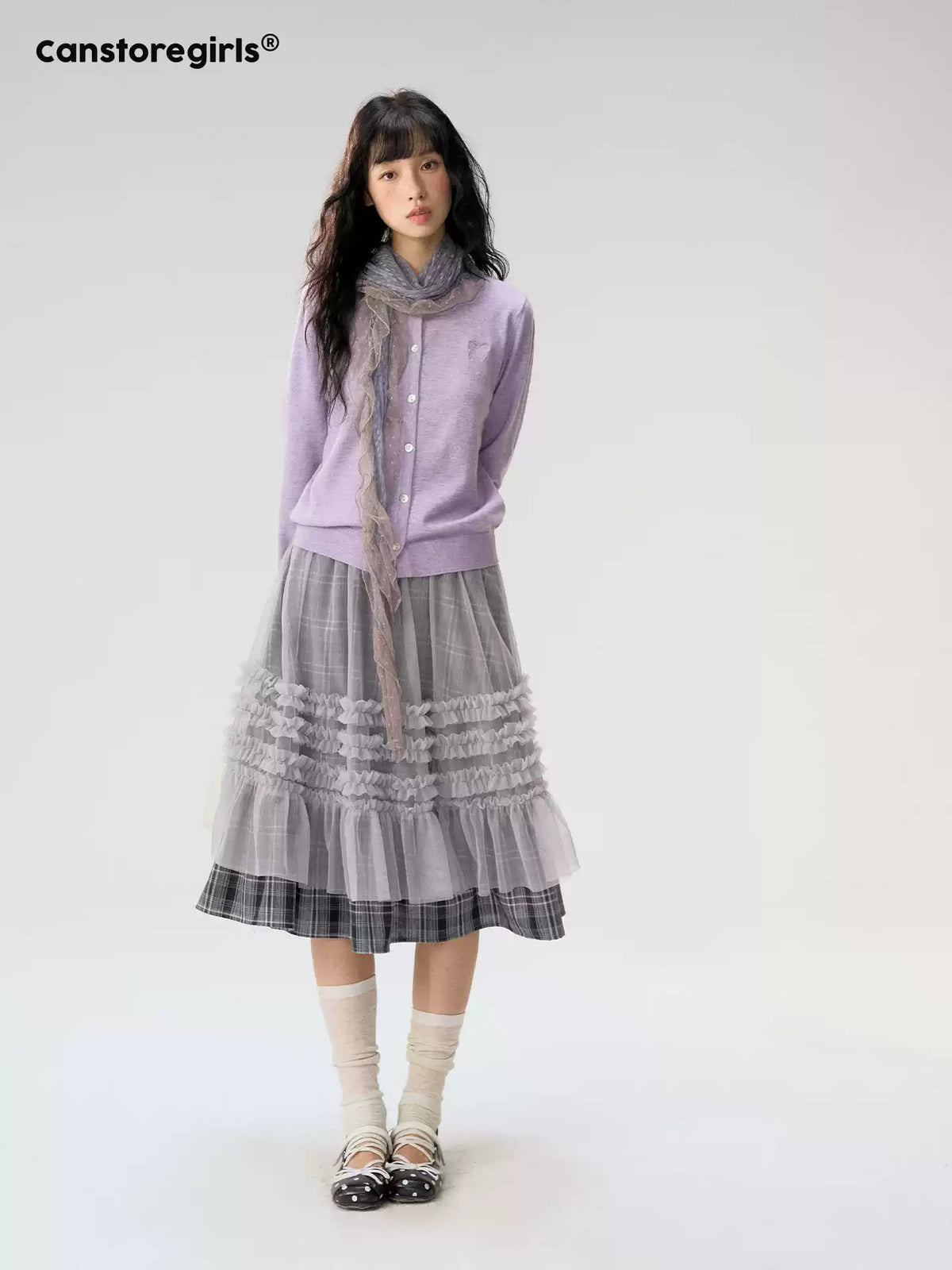 [CAN] "Gray Plaid Reverie" Gray Purple Plaid Mesh Layered Midi Skirt