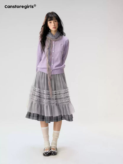 [CAN] "Gray Plaid Reverie" Gray Purple Plaid Mesh Layered Midi Skirt