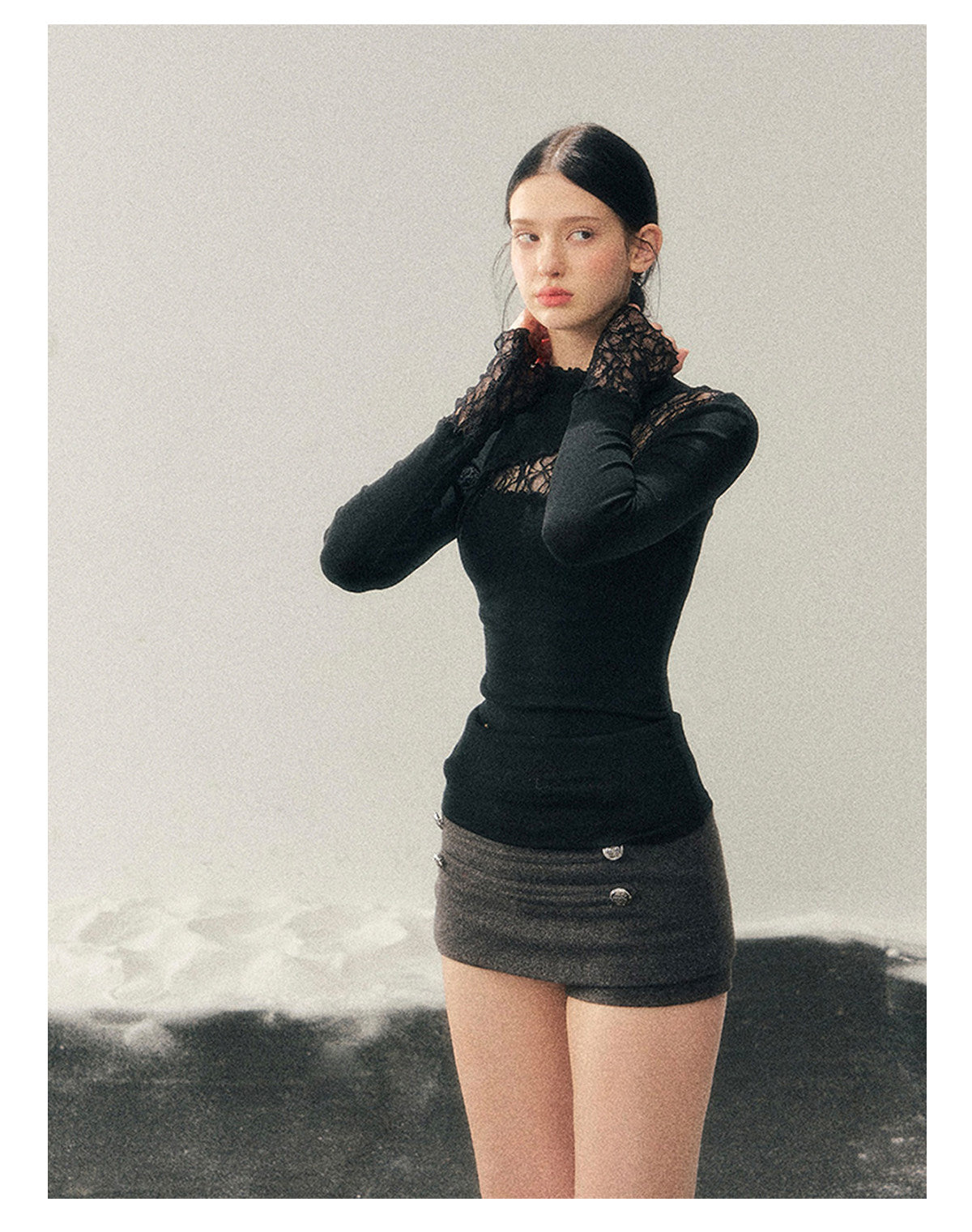 少也眼 “Interplay of Illusion” Semi-High Neck Lace Cutout Top - Black