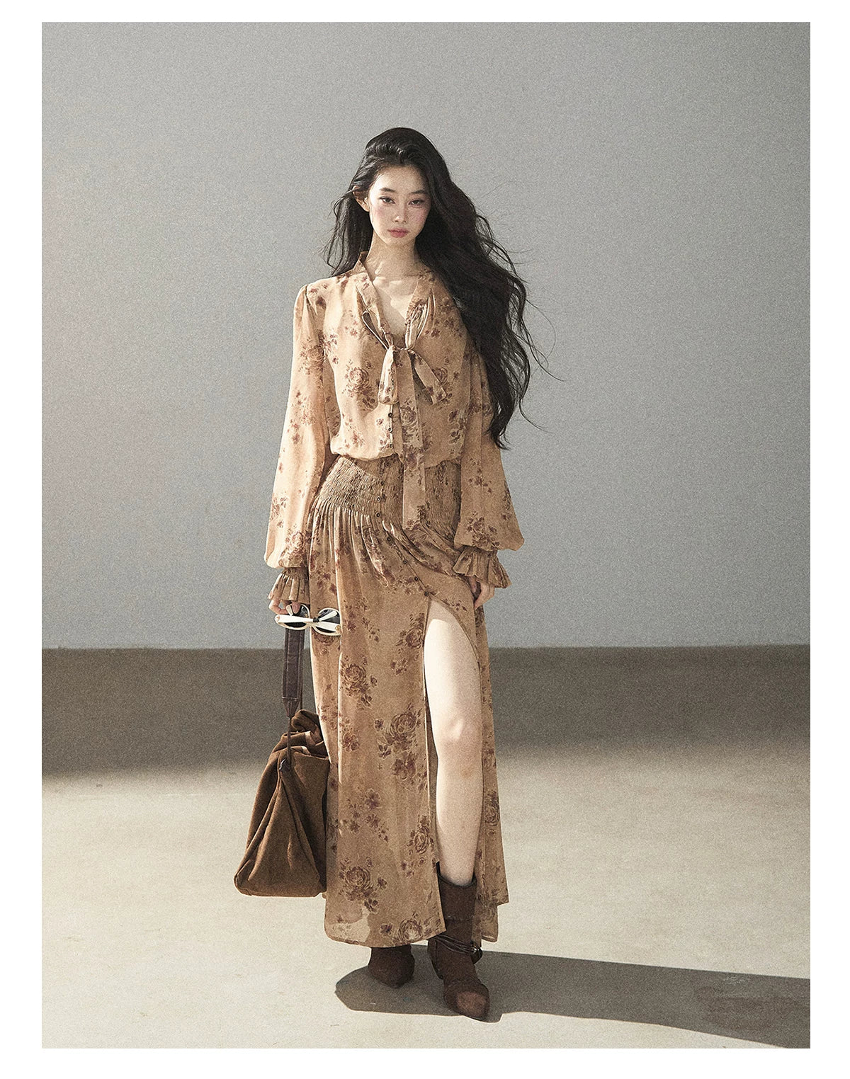 AOMALM - Oatmeal Rose-Print Chiffon Layered Maxi Dress Set