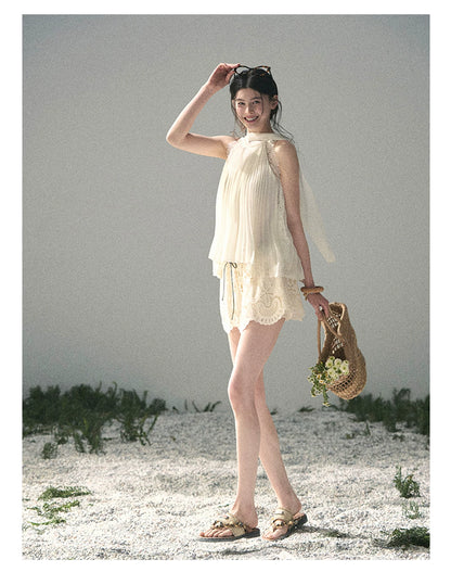 “Summer Light Through Pleats” Ivory Lace Pleated Halter Blouse