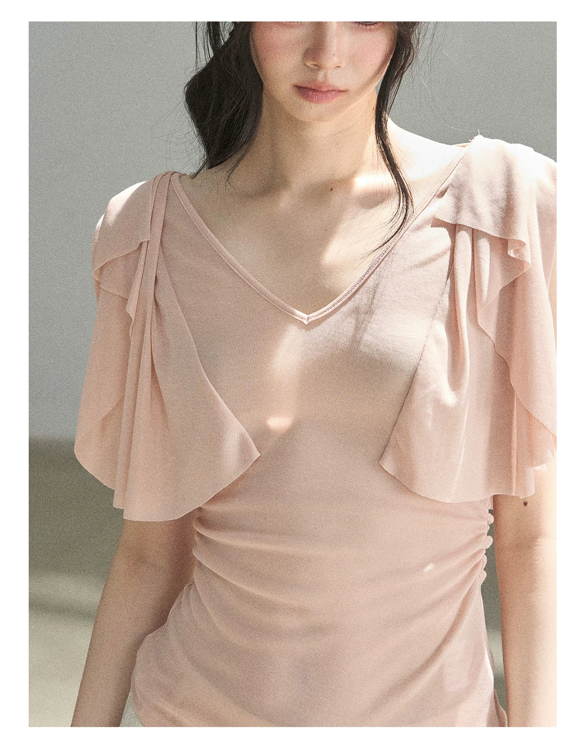 "Where Clouds Fall" Ruffle Sleeve V-Neck Crop Top (Forest Green/ Sage Gray/ Misty Blue/ Cinnamon Pink)