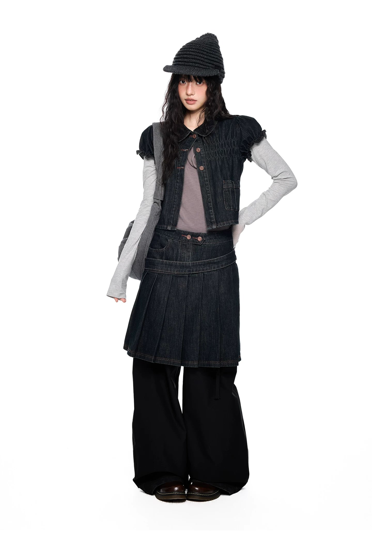 Vintage Peter Pan Collar Puff Sleeve Denim Set