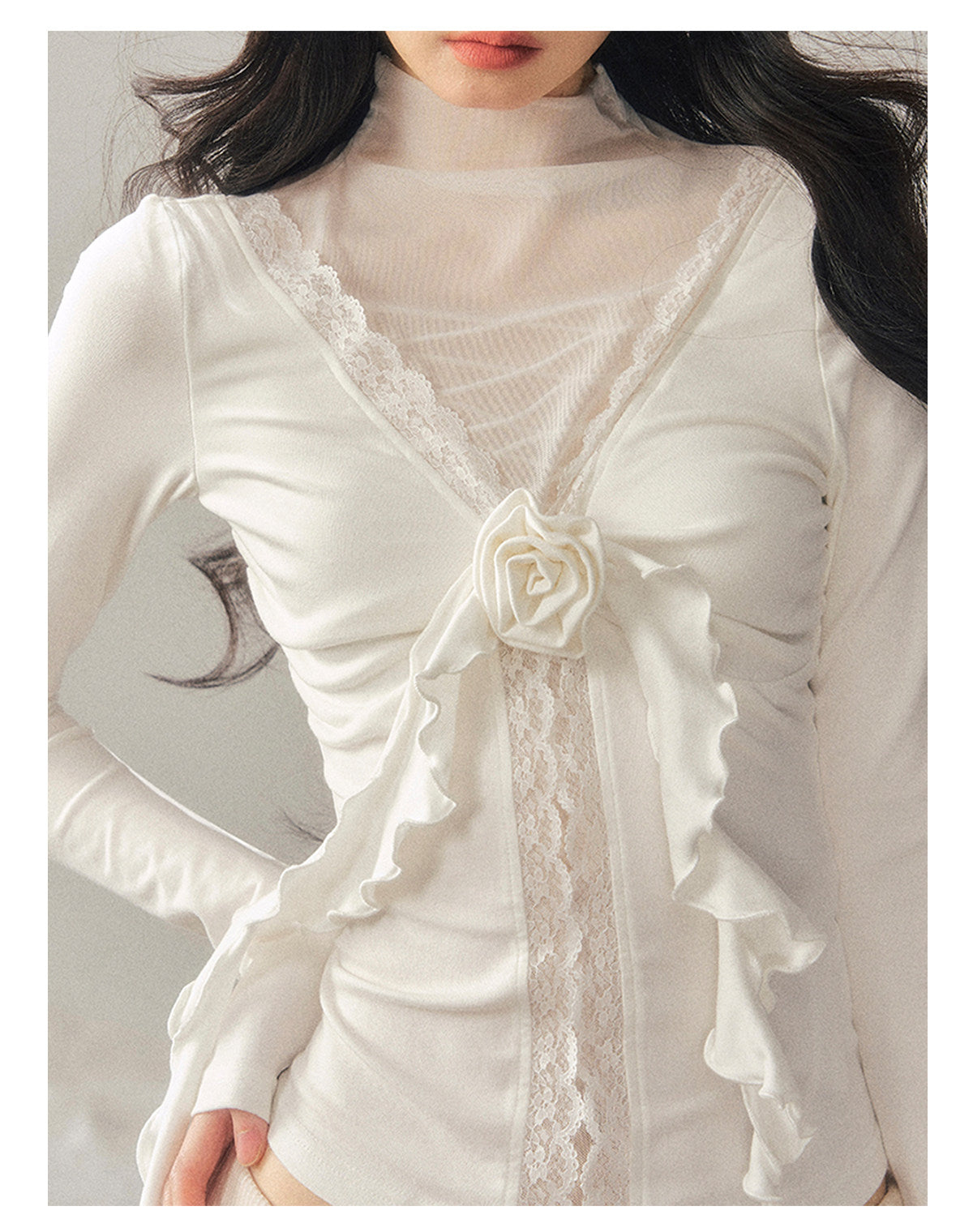 040126 “Vanishing Curve” Sheer Lace Turtleneck Base Top - White