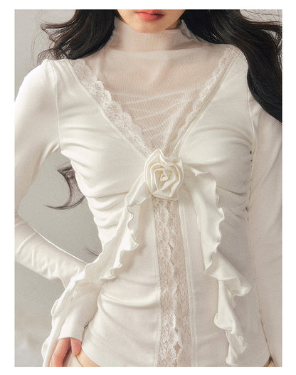 040126 “Vanishing Curve” Sheer Lace Turtleneck Base Top - White