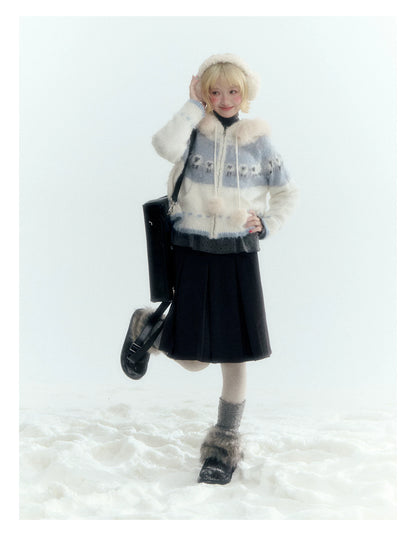 Horridale - Ice Blue White Sheep Jacquard Hooded Knit Cardigan