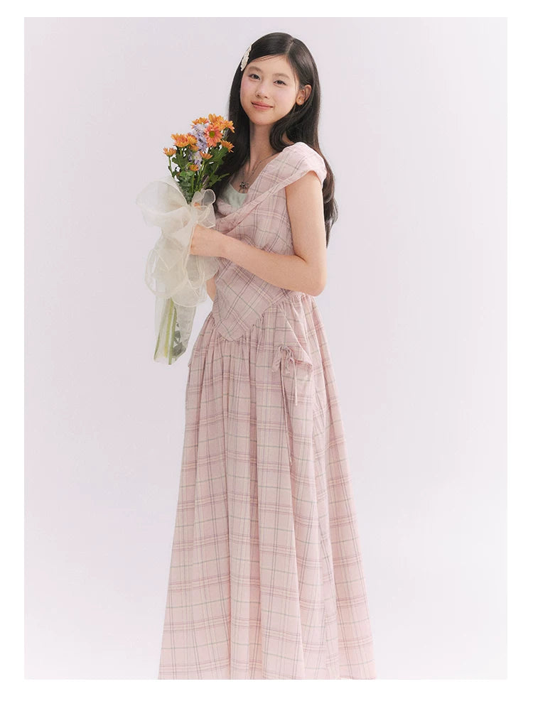 “Heartfelt Rendezvous” Pink Plaid Maxi Dress