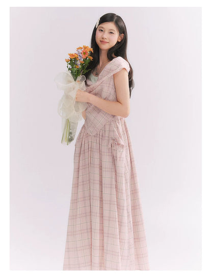 “Heartfelt Rendezvous” Pink Plaid Maxi Dress