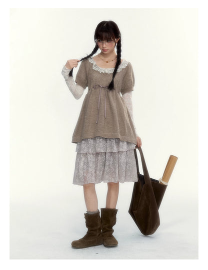 “Cloud Pleats” Chestnut Mist U-Neck Bow-Tie Puff Sleeve Knit Sweater