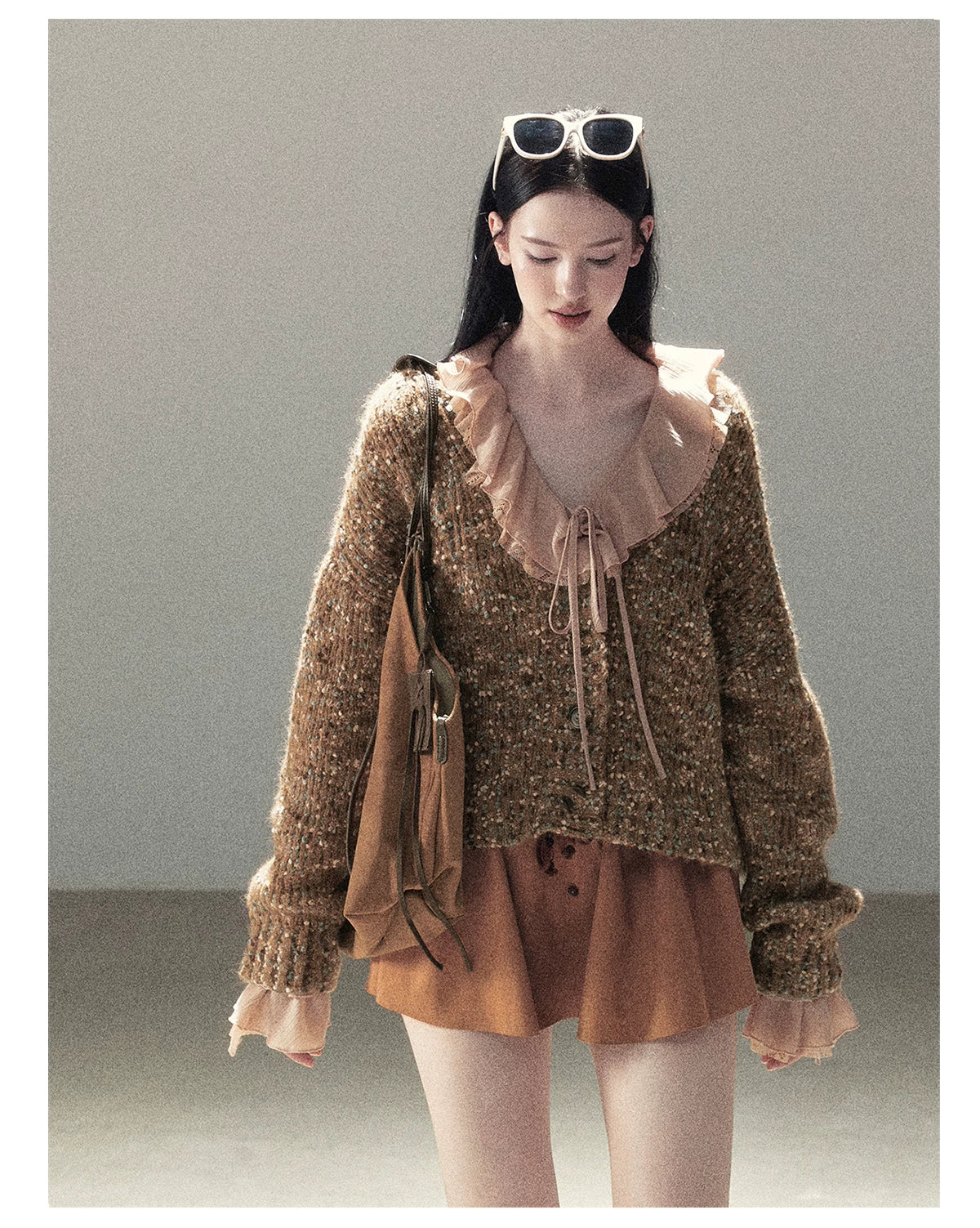 AOMALM - "A Featherlight Touch" French Camellia White Lace Chiffon Top with Belt (Camellia / Oatmeal / Cinnamon Pink)