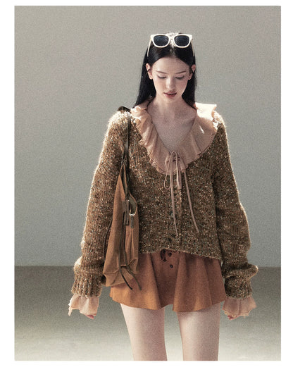 AOMALM - "A Featherlight Touch" French Camellia White Lace Chiffon Top with Belt (Camellia / Oatmeal / Cinnamon Pink)