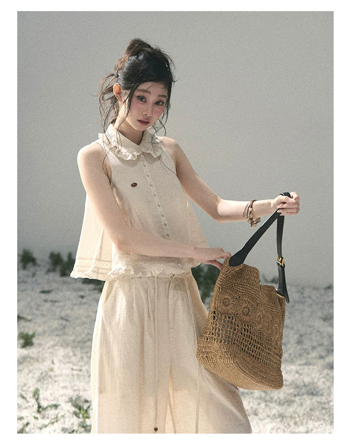 "Soft Cloud Reverie" Dutch Cream Lace Top & Bubble Skirt & Wide-Leg Pants Set 5468465
