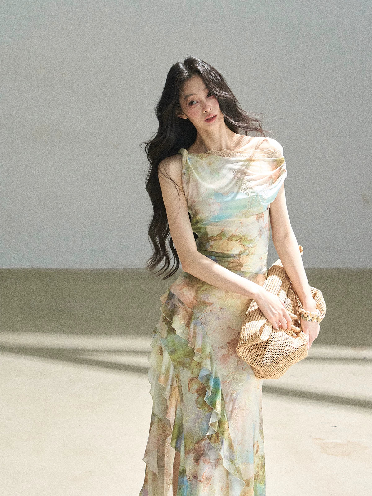 "Daisies & Poppies" Misty Meadow Off-Shoulder Lace Maxi Dress
