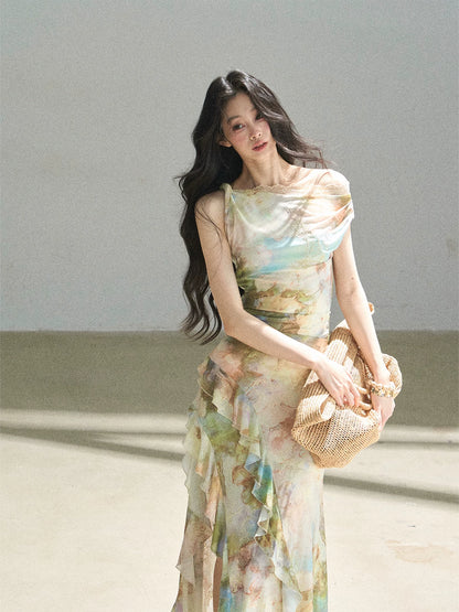 "Daisies & Poppies" Misty Meadow Off-Shoulder Lace Maxi Dress