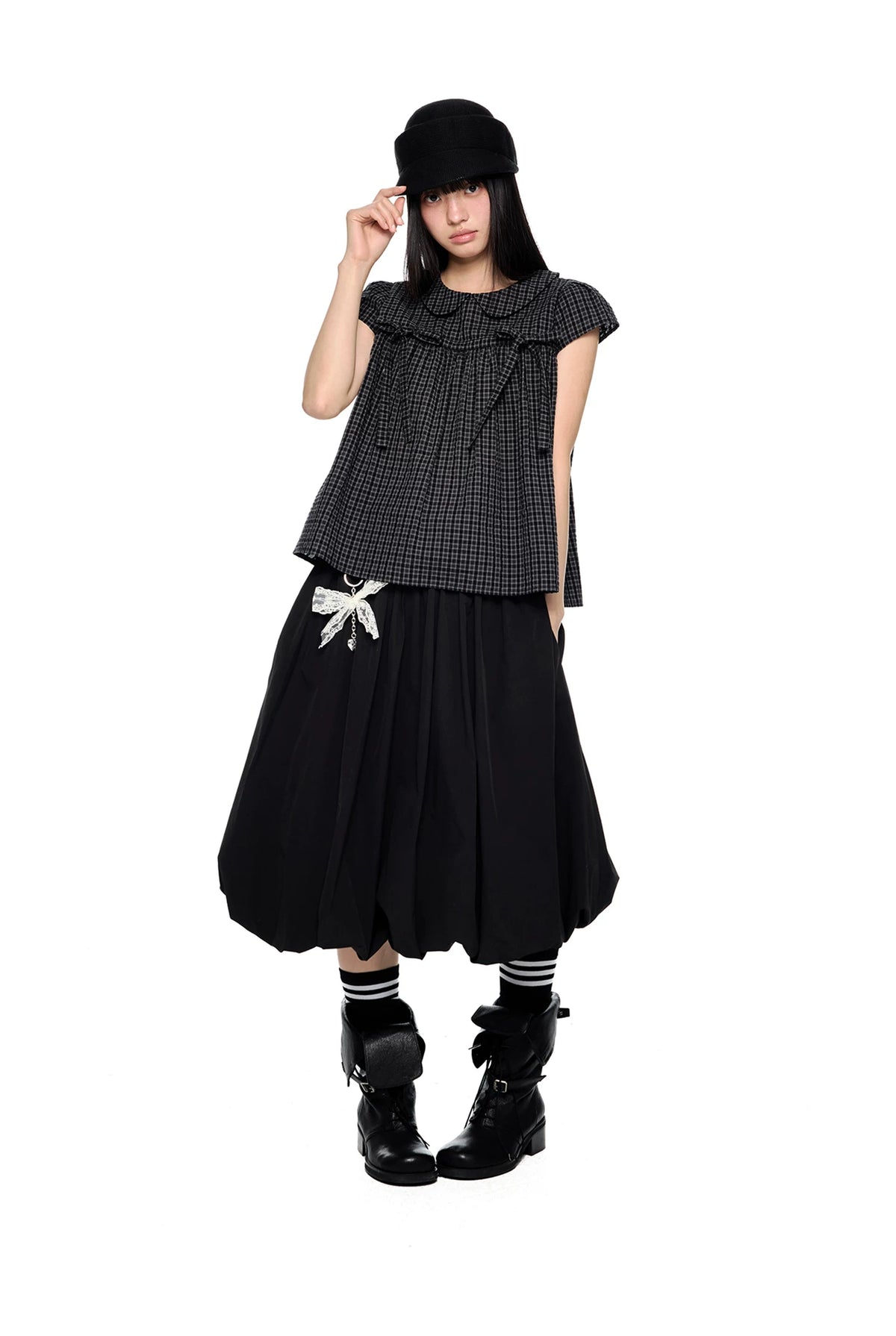 EZEK | Peter Pan Collar Gingham Shirt with Bubble Sleeves