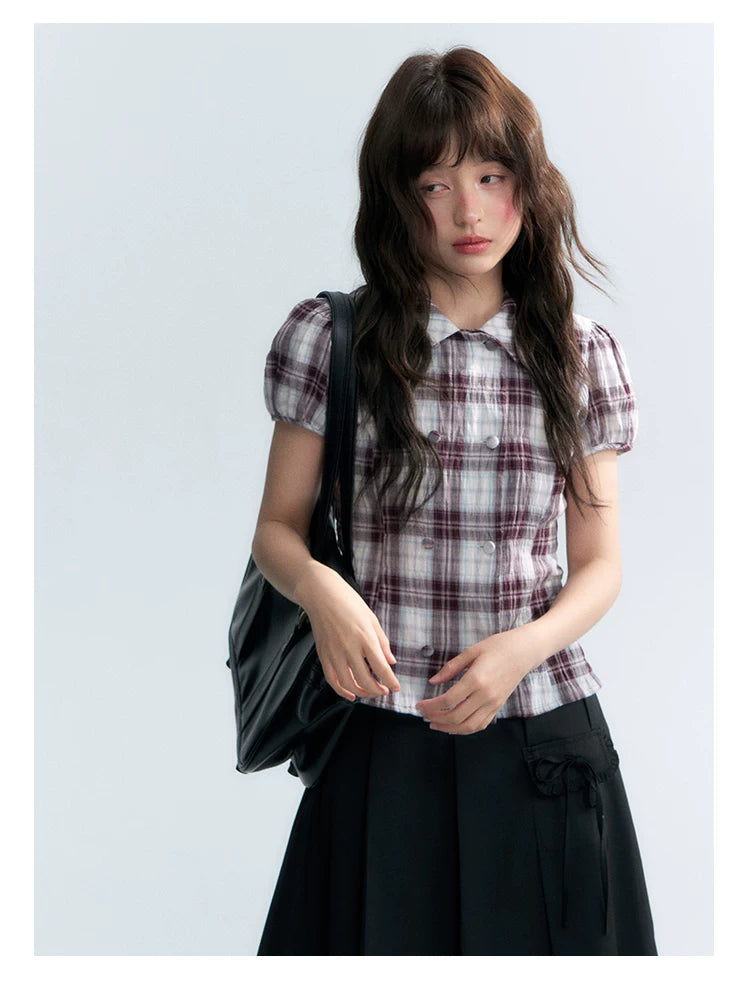 "Violet Mist Bow" Purple Brown Plaid Blouse