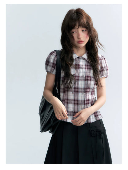 "Violet Mist Bow" Purple Brown Plaid Blouse
