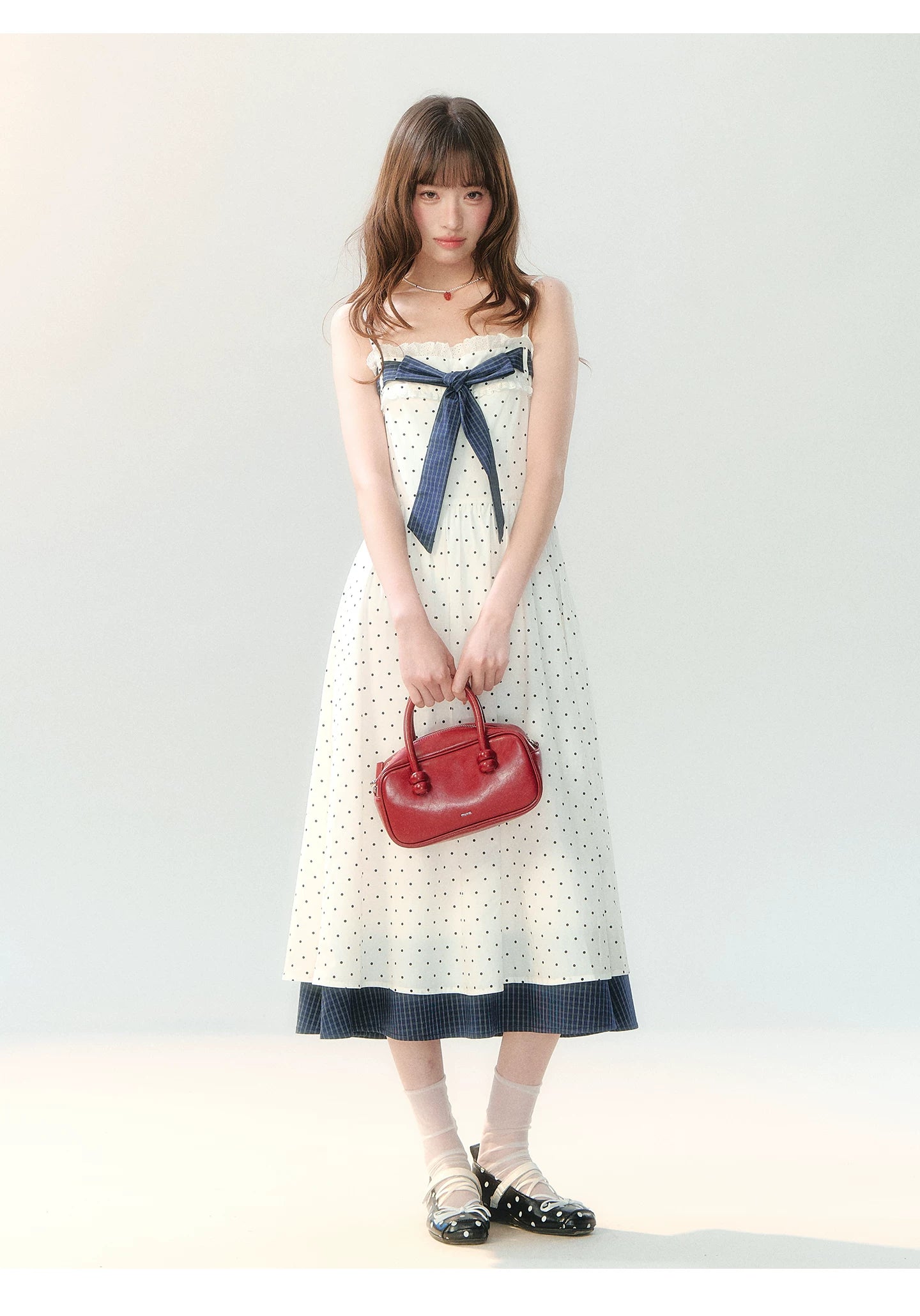 "Soft Mist Cream Puff" White Polka Dot Cami Dress LL2026207