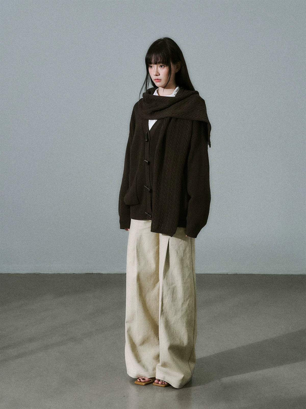 LOST FOREST - Deep Brown Wool-Blend Hooded Scarf Cardigan Set