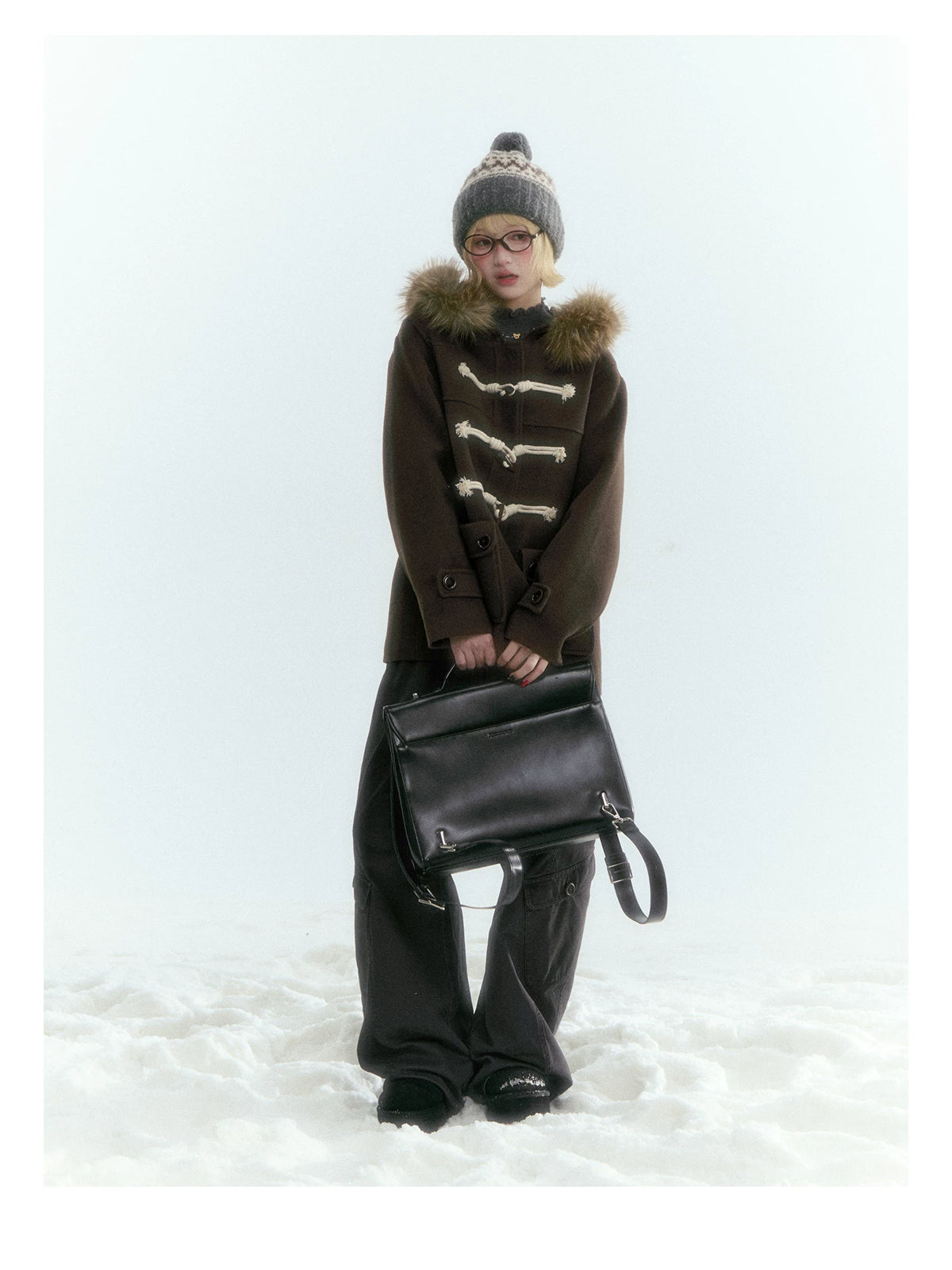 Horridale - Dark Coffee Brown Cropped Hooded Toggle Coat with Detachable Faux Fur Collar