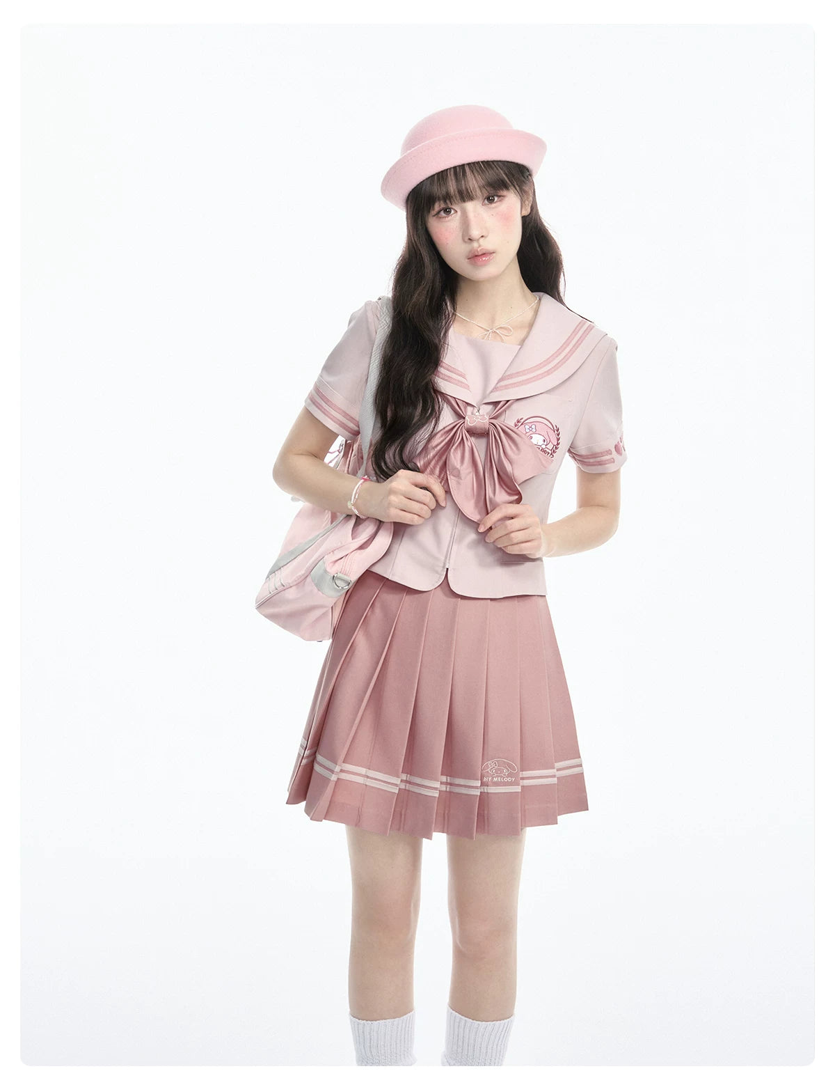 "Cherry Melody" Pink Sailor Uniform Set (Sailor Collar Shirt + Pleated Skirt + Ribbon Bow)