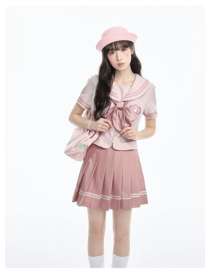 "Cherry Melody" Pink Sailor Uniform Set (Sailor Collar Shirt + Pleated Skirt + Ribbon Bow)