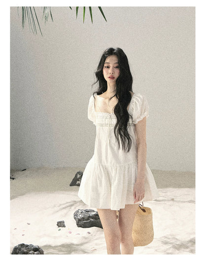 "Light as a Cloud" Frost White Puff Sleeve Lace Babydoll Mini Dress