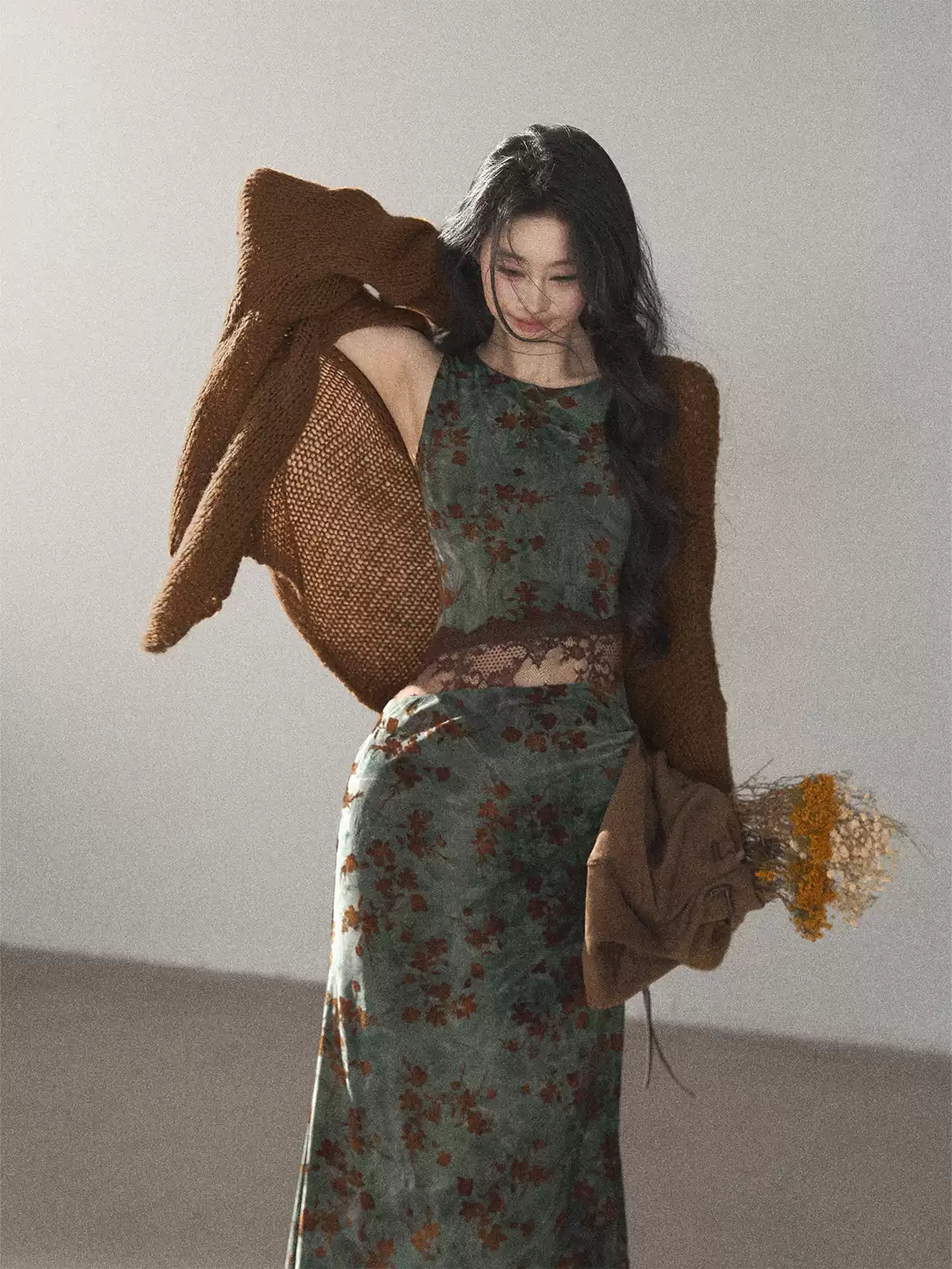 AOMALM - Caramel Brown Openwork Knit Cardigan