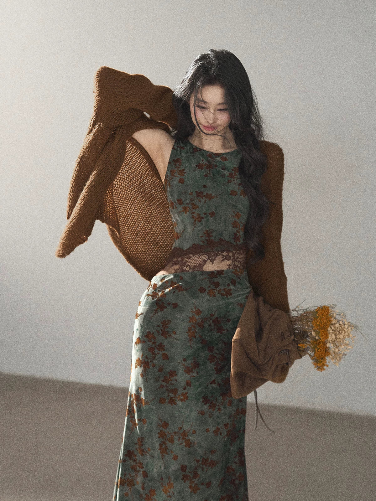 AOMALM - Olive Green Lace Floral Mermaid Maxi Dress