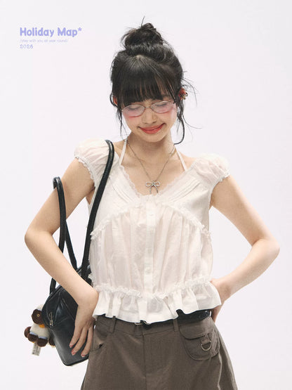 "French Meadow Romance" Ivory Lace Trim Halter Tie V-Neck Cotton Blouse