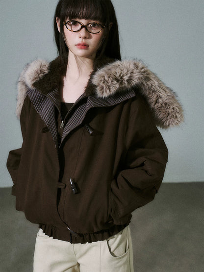 LOST FOREST - Dark Brown Plaid-Panel Cotton Utility Jacket with Detachable Faux-Fur Collar