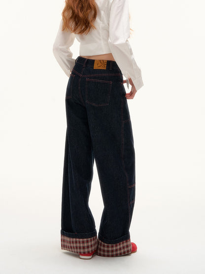 ASGONY - Plaid Cuff Contrast Wide-Leg Raw Denim Jeans (Red Plaid)