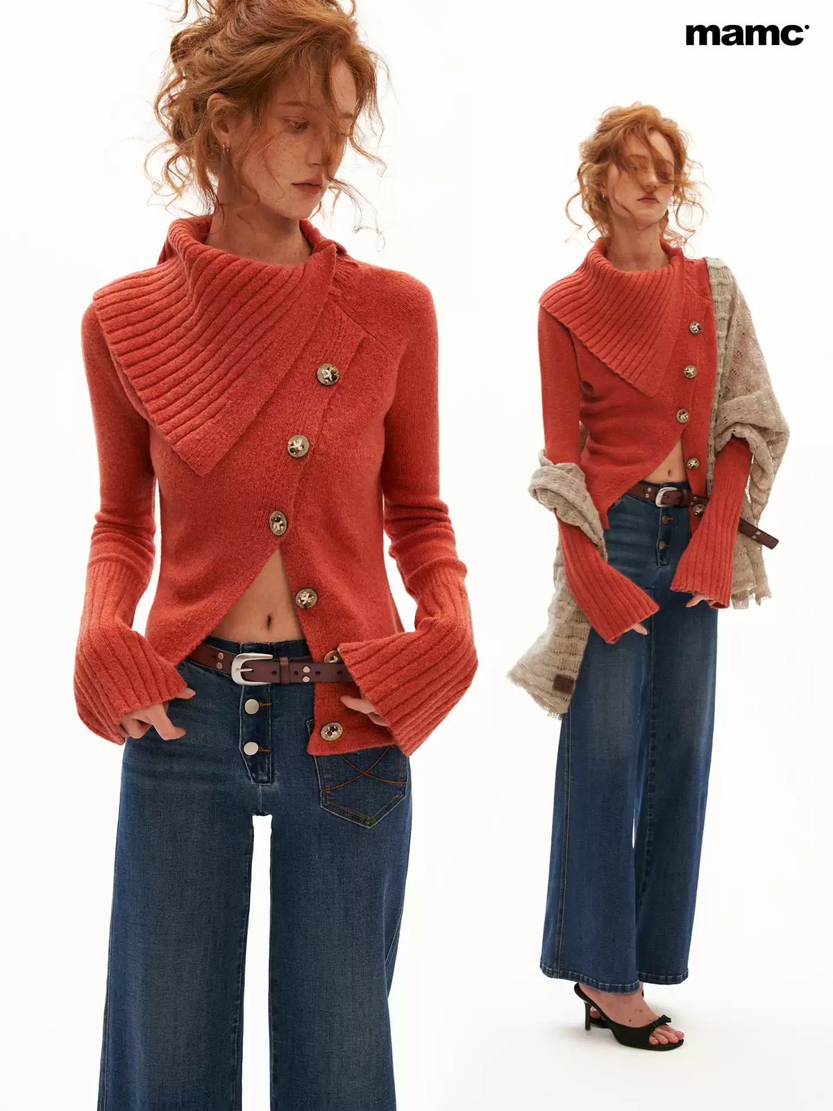 MAMC - Recycled Airy-Knit Fitted Turtleneck Sweater (Orange / Brown)