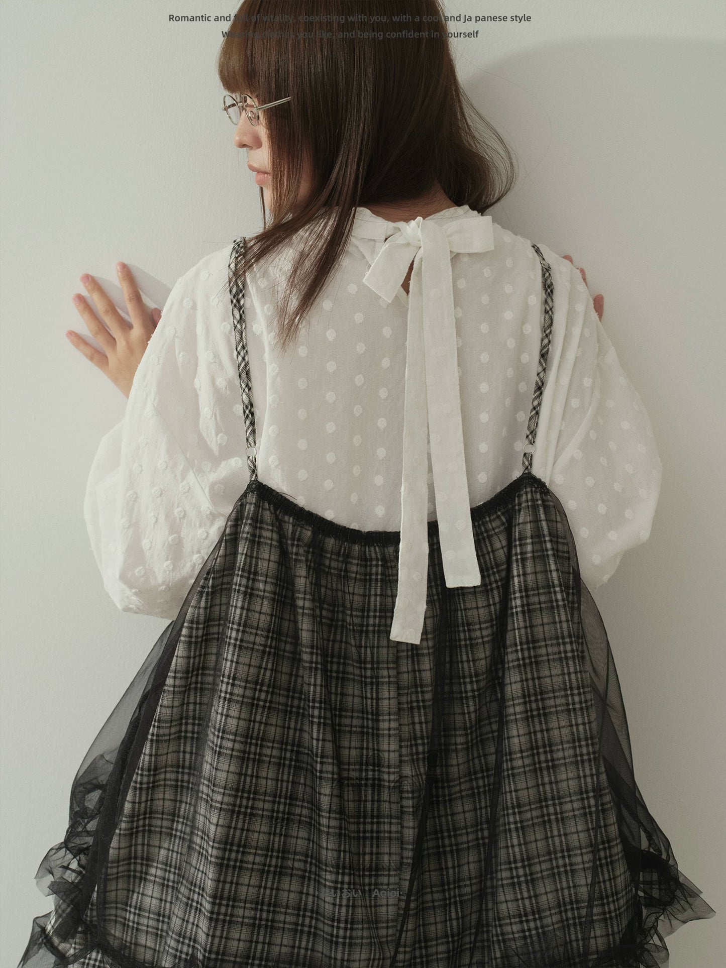 "Blooming Mist" White Textured Polka Dot Tie-Waist Bubble Midi Dress