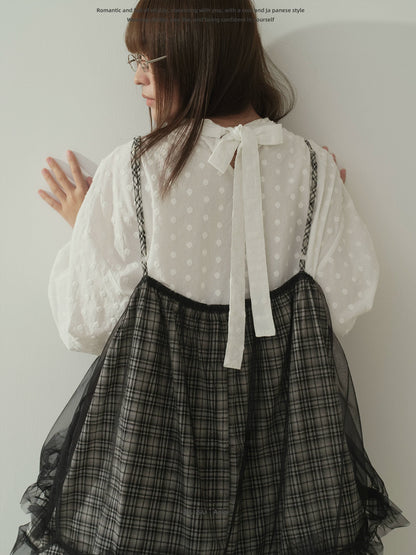"Blooming Mist" White Textured Polka Dot Tie-Waist Bubble Midi Dress