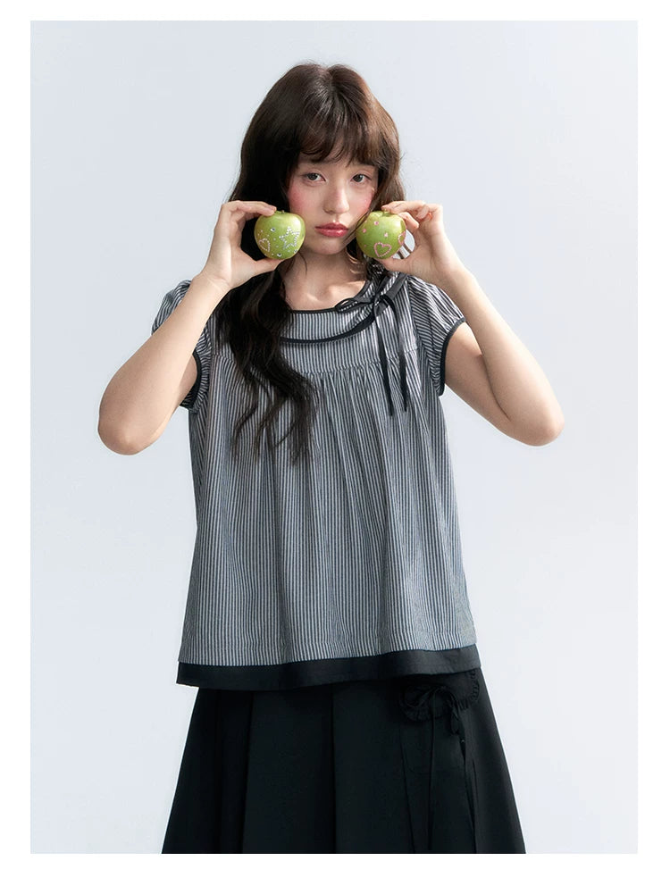 "Black Toast" Black Stripe Asymmetrical Collar Babydoll Blouse