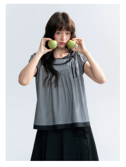 "Black Toast" Black Stripe Asymmetrical Collar Babydoll Blouse