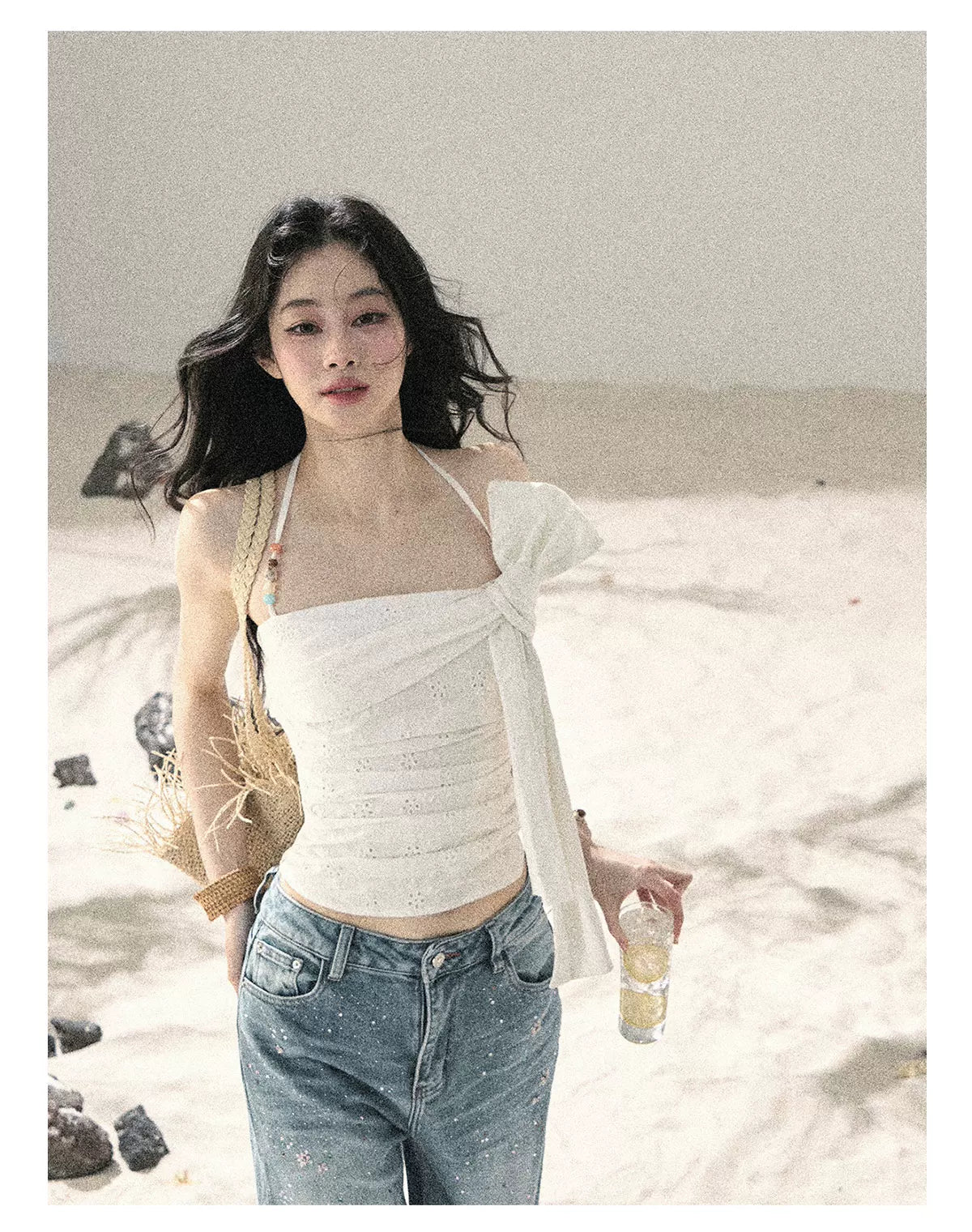 "Fragments of Tenderness" Frost White Halter Twist Crop Top