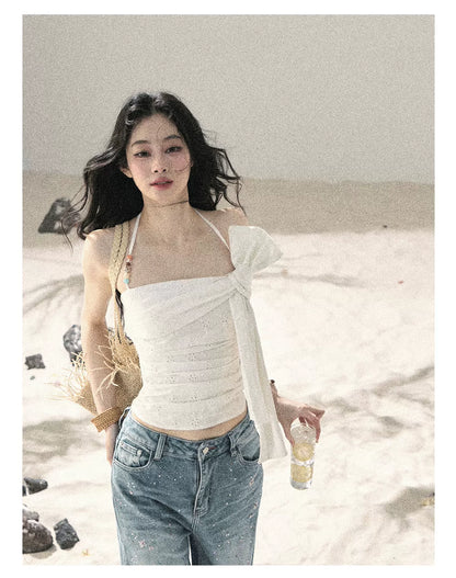 "Fragments of Tenderness" Frost White Halter Twist Crop Top