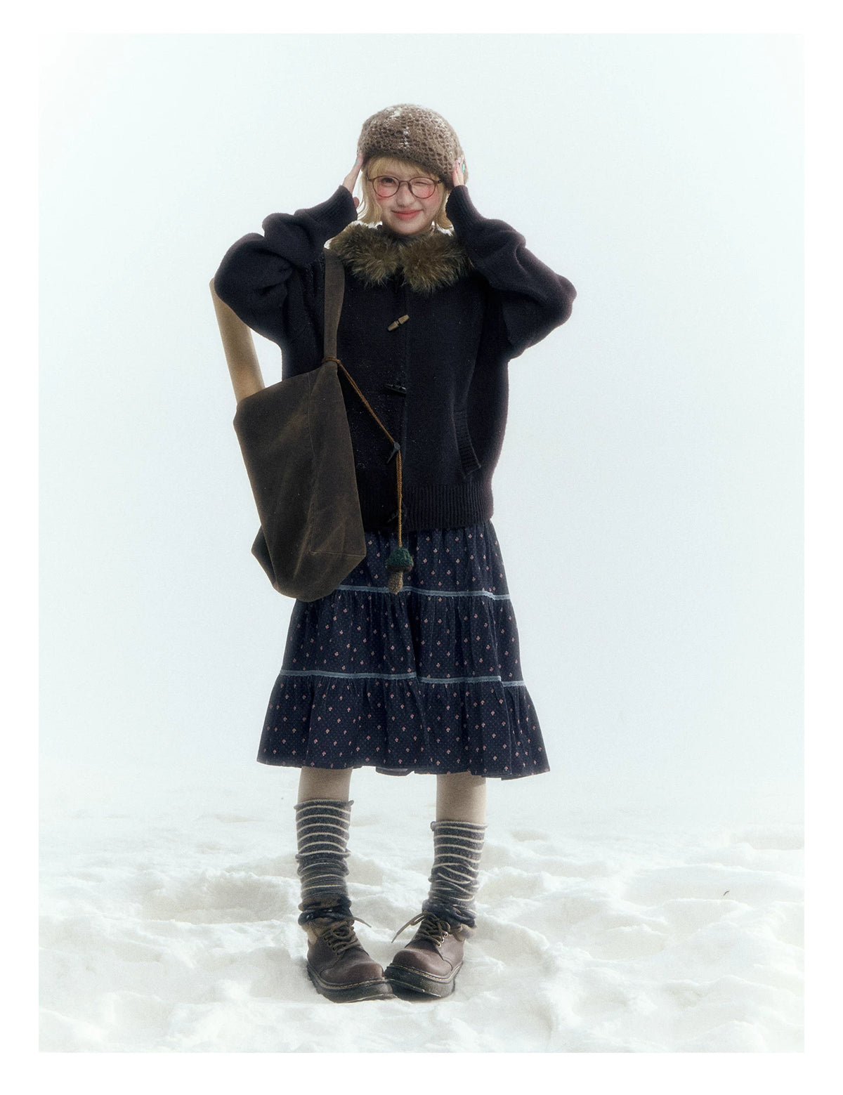 Horridale - Dark Coffee Brown Hooded Knit Cardigan with Detachable Faux Fur Collar