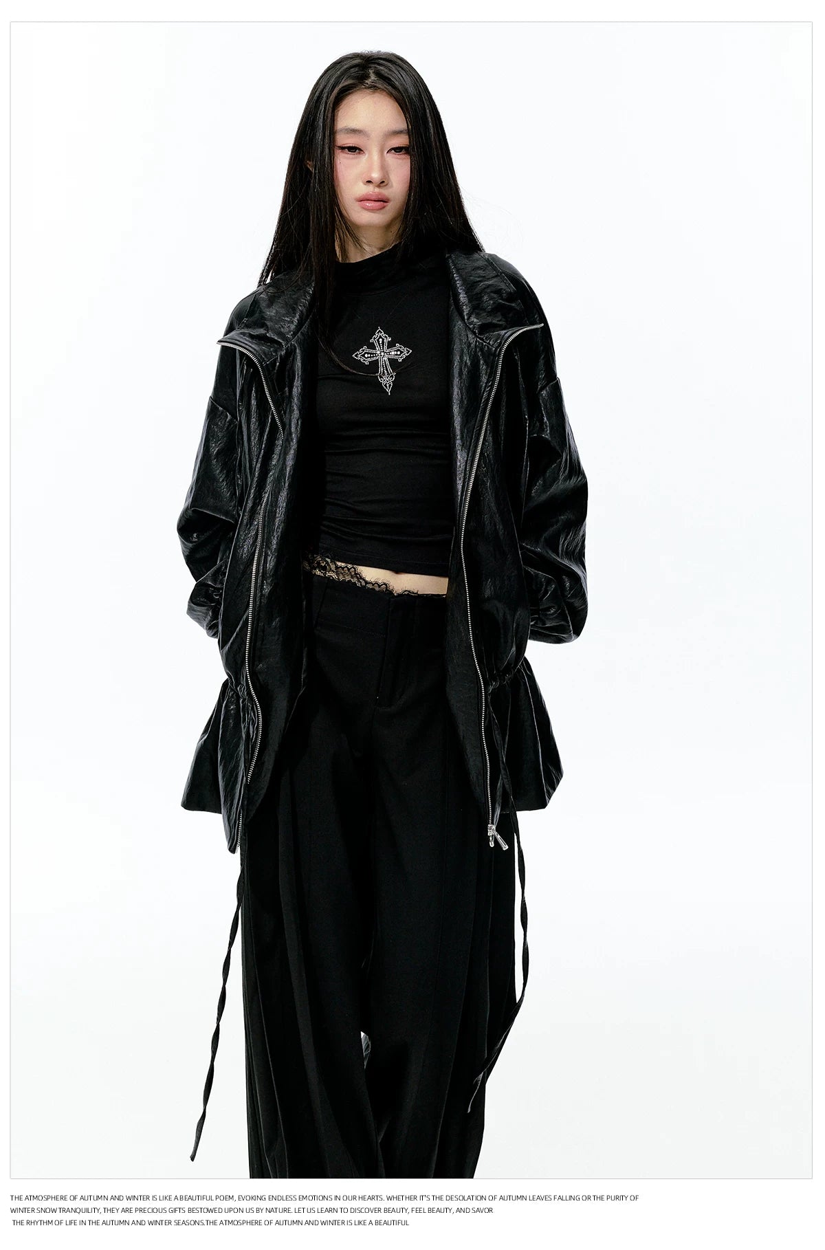 JN's DESIGN - Black Drawstring Faux Leather Jacket with Lace Back Detail