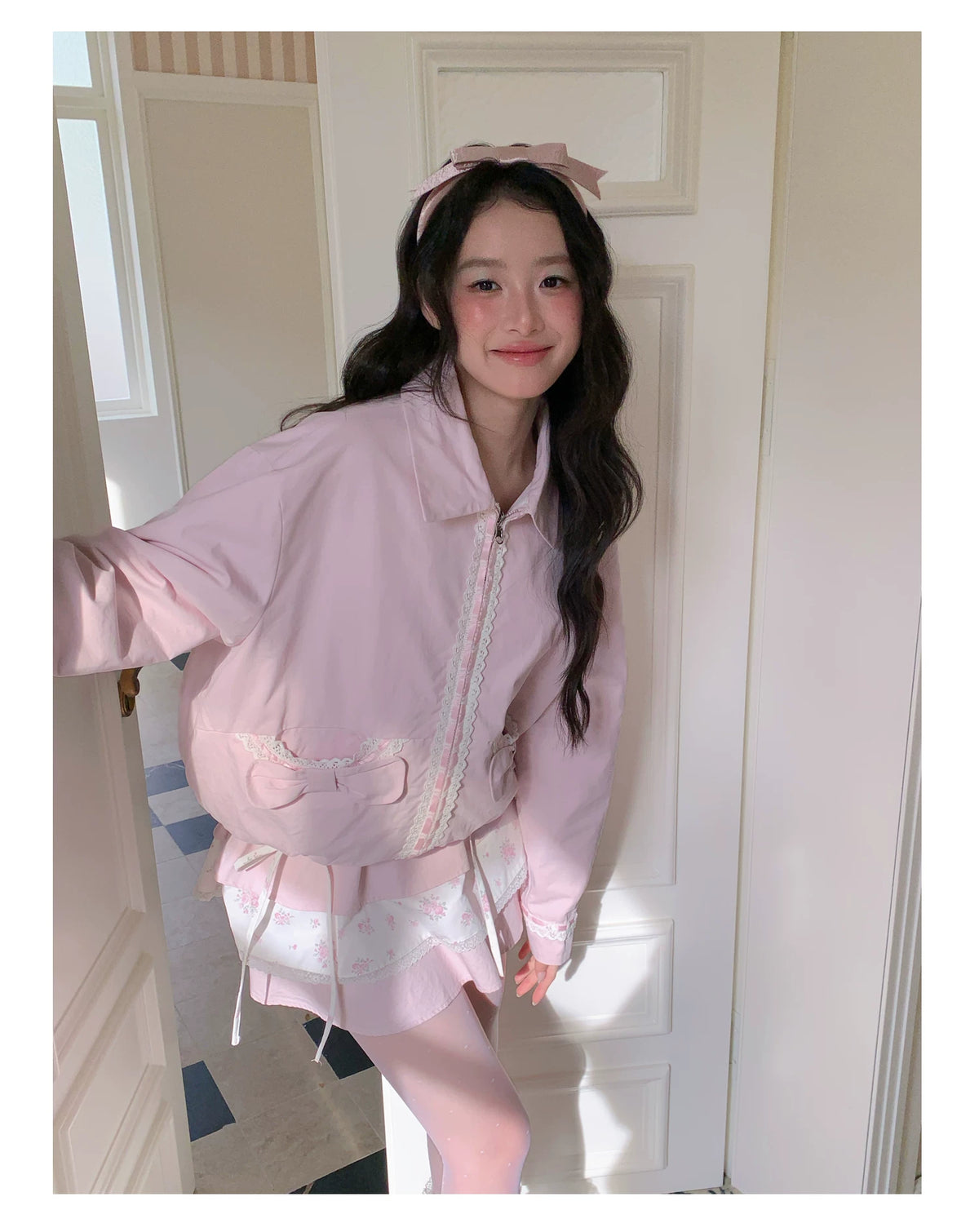 [RF] “Blush Meadow” White & Pink Floral Reversible Jacket and Mini Skirt Set