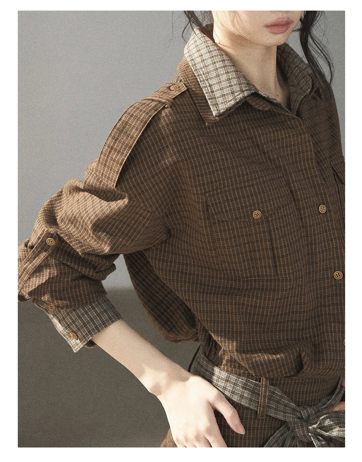 AOMALM - "A Promise Beneath the Oak" Crabapple Brown Plaid Shirt Dress with Belt